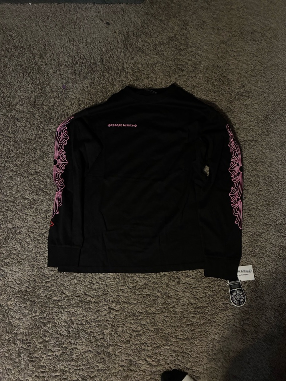 Chrome Hearts Black Long Sleeve Tee with Pink Sleeve Graphics